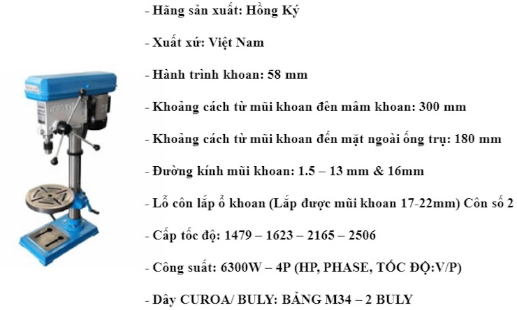 Thông số kỹ thuật của máy khoan bàn Hồng Ký