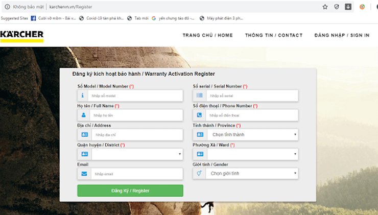 Nhập những thông tin cần thiết theo yêu cầu như: Số model, số series của máy xịt rửa Karcher