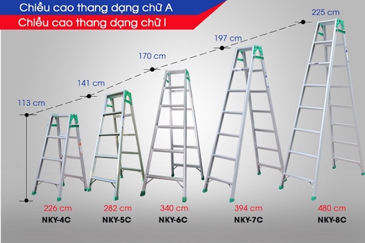 Thang nhôm chữ A Nikawa có chiều cao đa dạng
