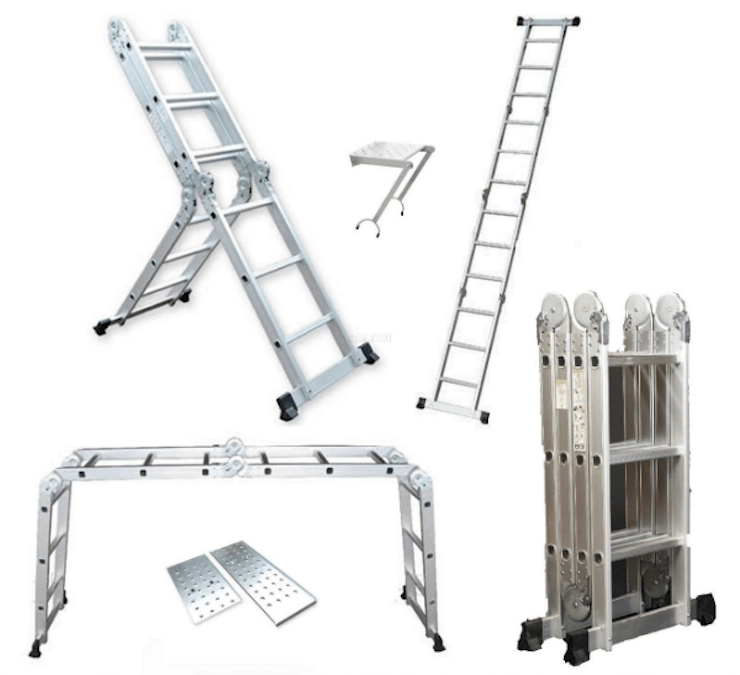 Thang nhôm gấp 4 đoạn có thể dễ dàng chuyển đổi thành kiểu thang chữ A, chữ L, chữ U,…